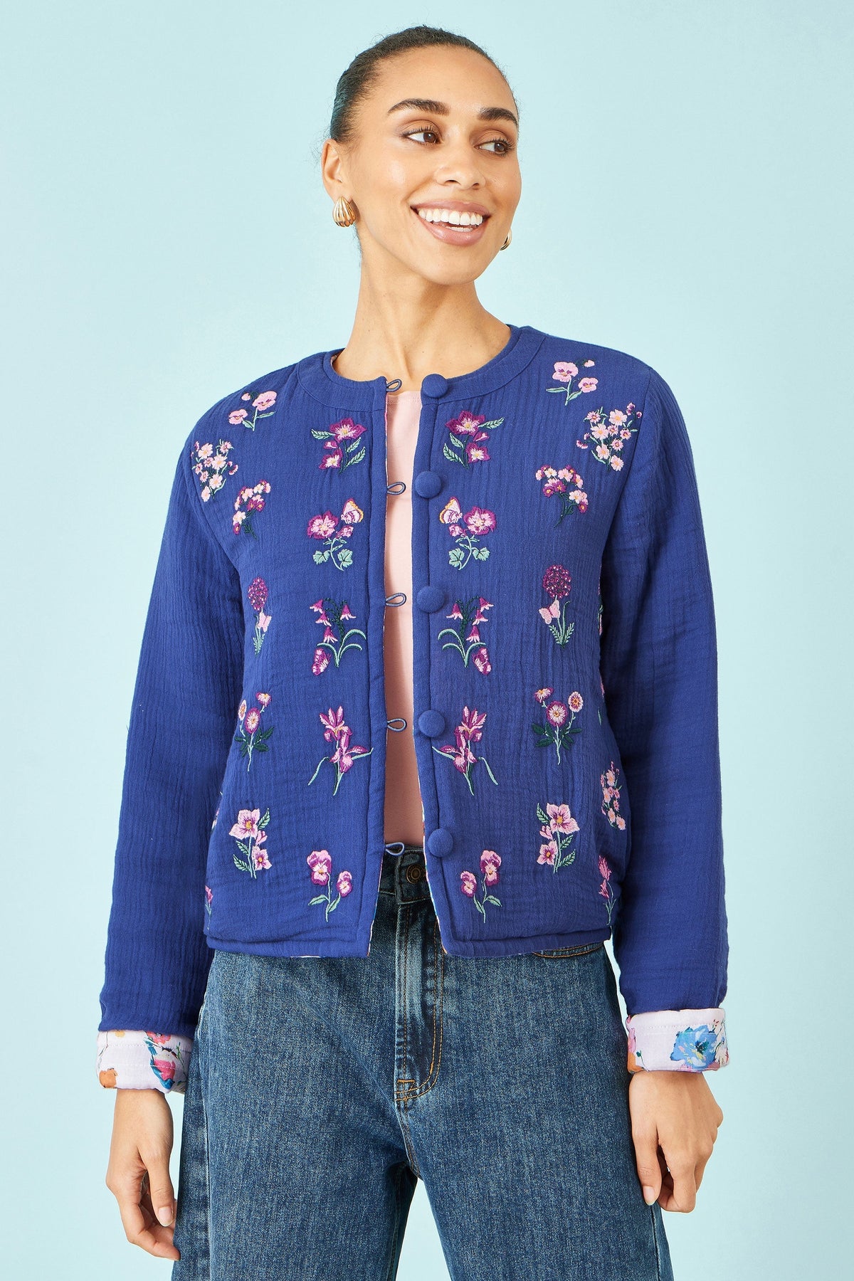 Blue Floral Embroidery Cotton Jacket - Bascora