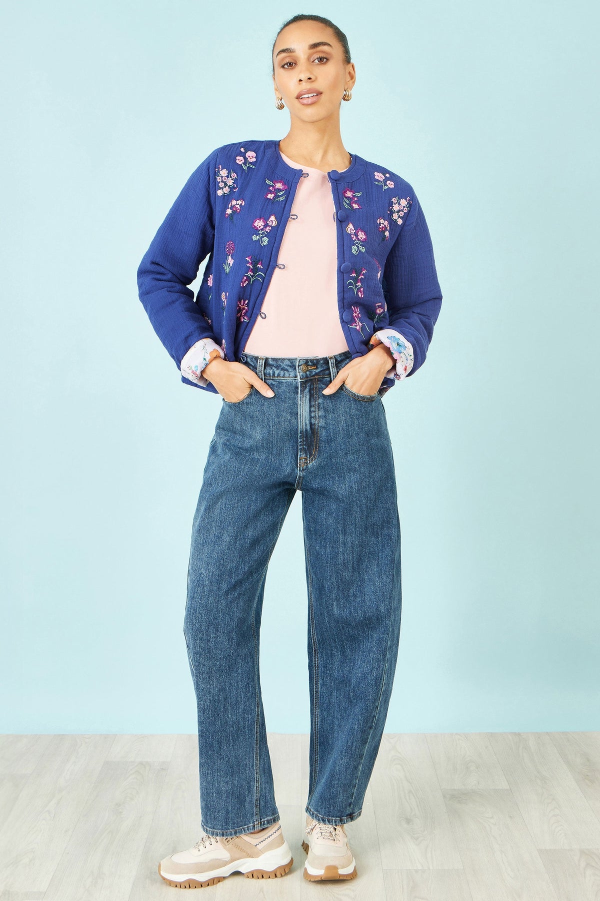 Blue Floral Embroidery Cotton Jacket - Bascora
