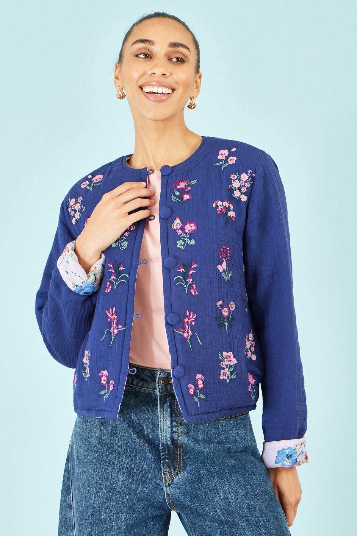 Blue Floral Embroidery Cotton Jacket - Bascora