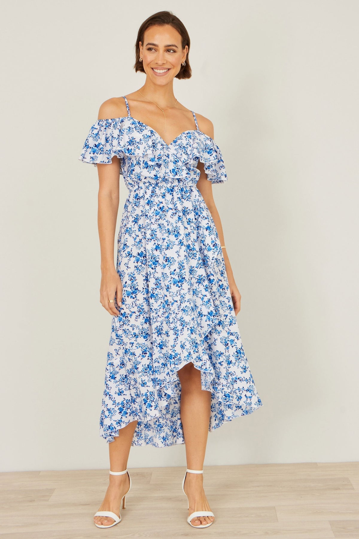 Blue Floral Print Bardot Midi Dress With Dip Hem - Bascora