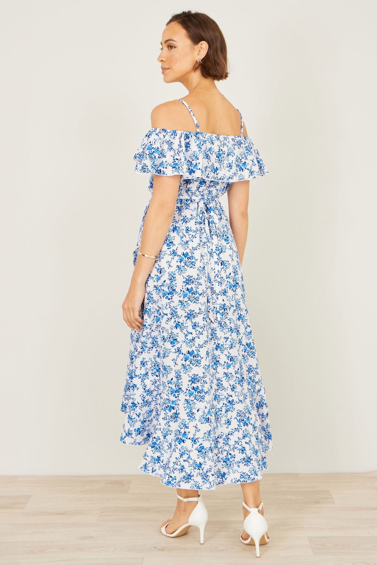 Blue Floral Print Bardot Midi Dress With Dip Hem - Bascora