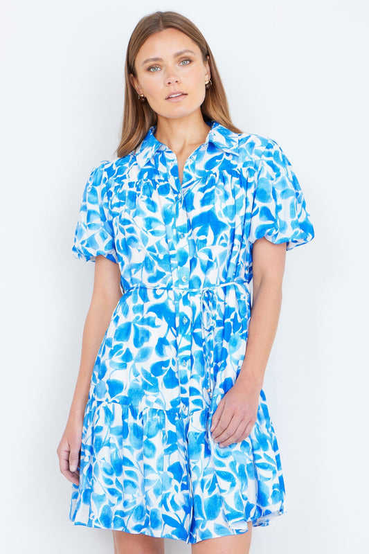 Blue Floral Print Viscose Relaxed Shirt Dress - Bascora