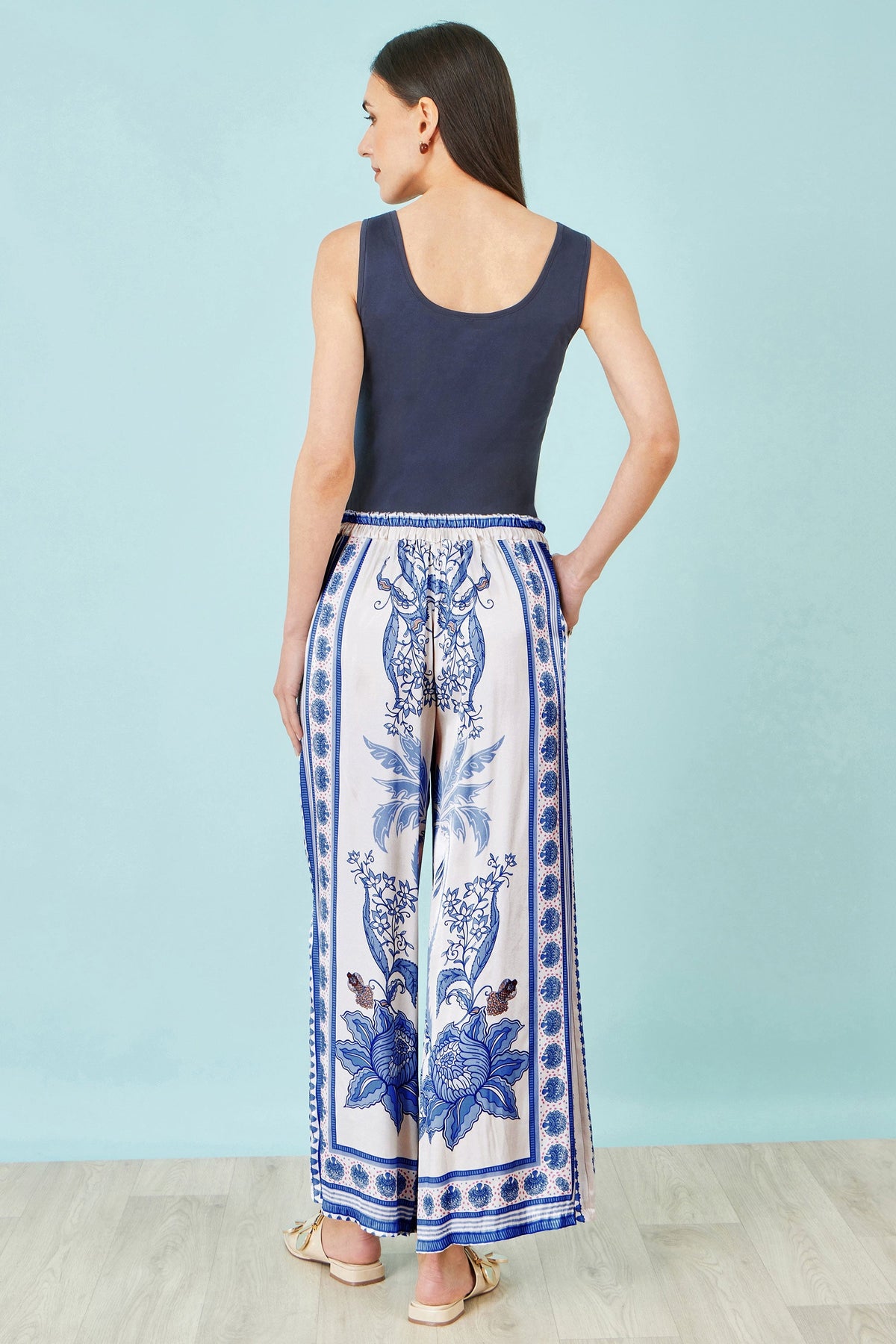 Blue Satin Print Placement Relaxed Trousers - Bascora