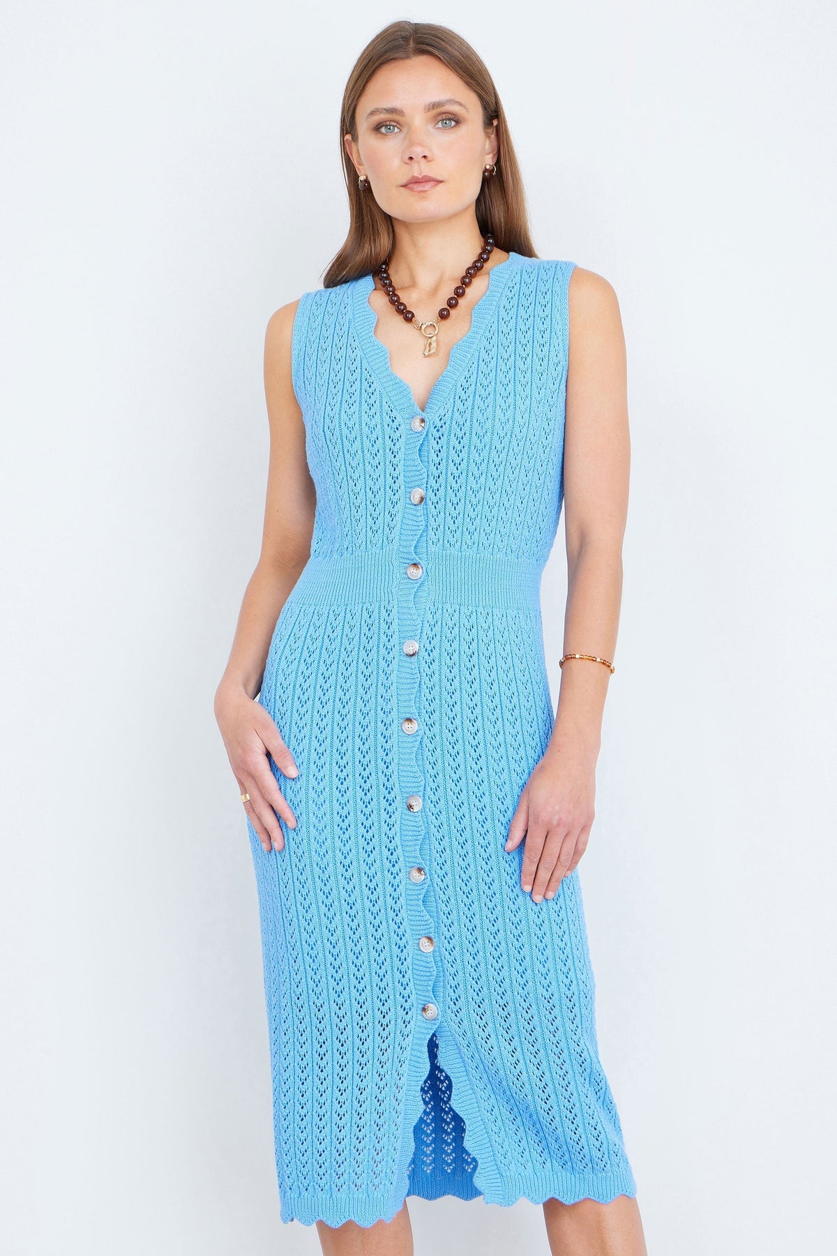 Blue Scallop Edge Crochet Knitted Midi Dress - Bascora