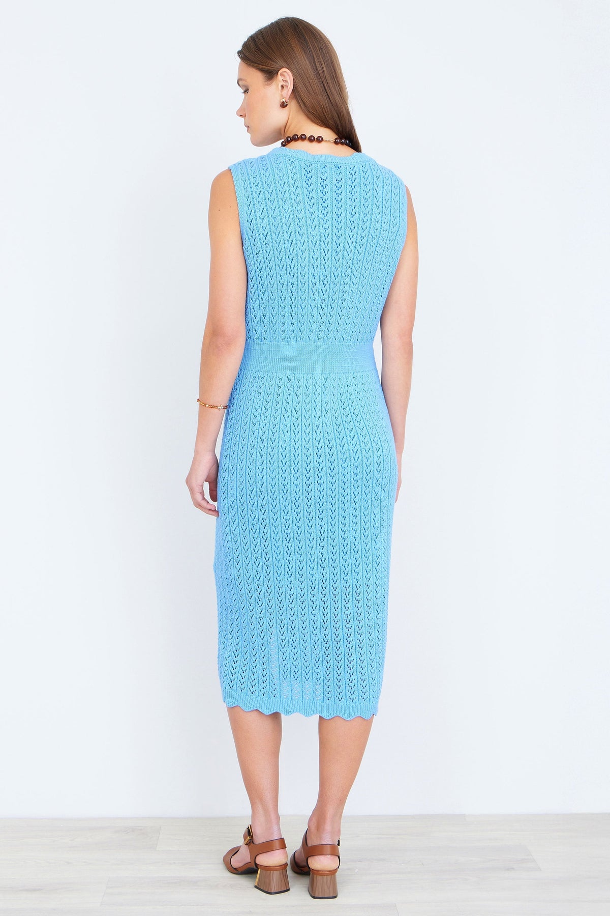 Blue Scallop Edge Crochet Knitted Midi Dress - Bascora