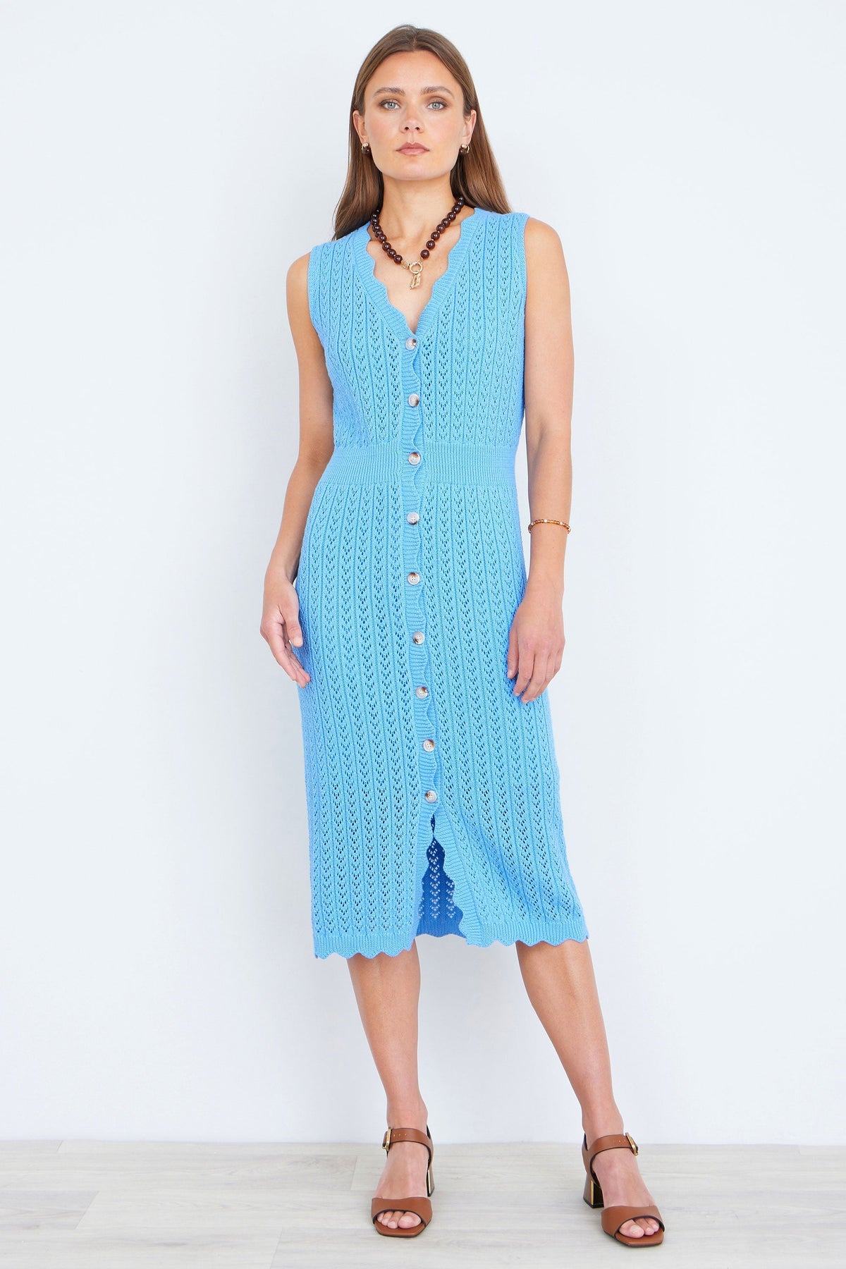 Blue Scallop Edge Crochet Knitted Midi Dress - Bascora
