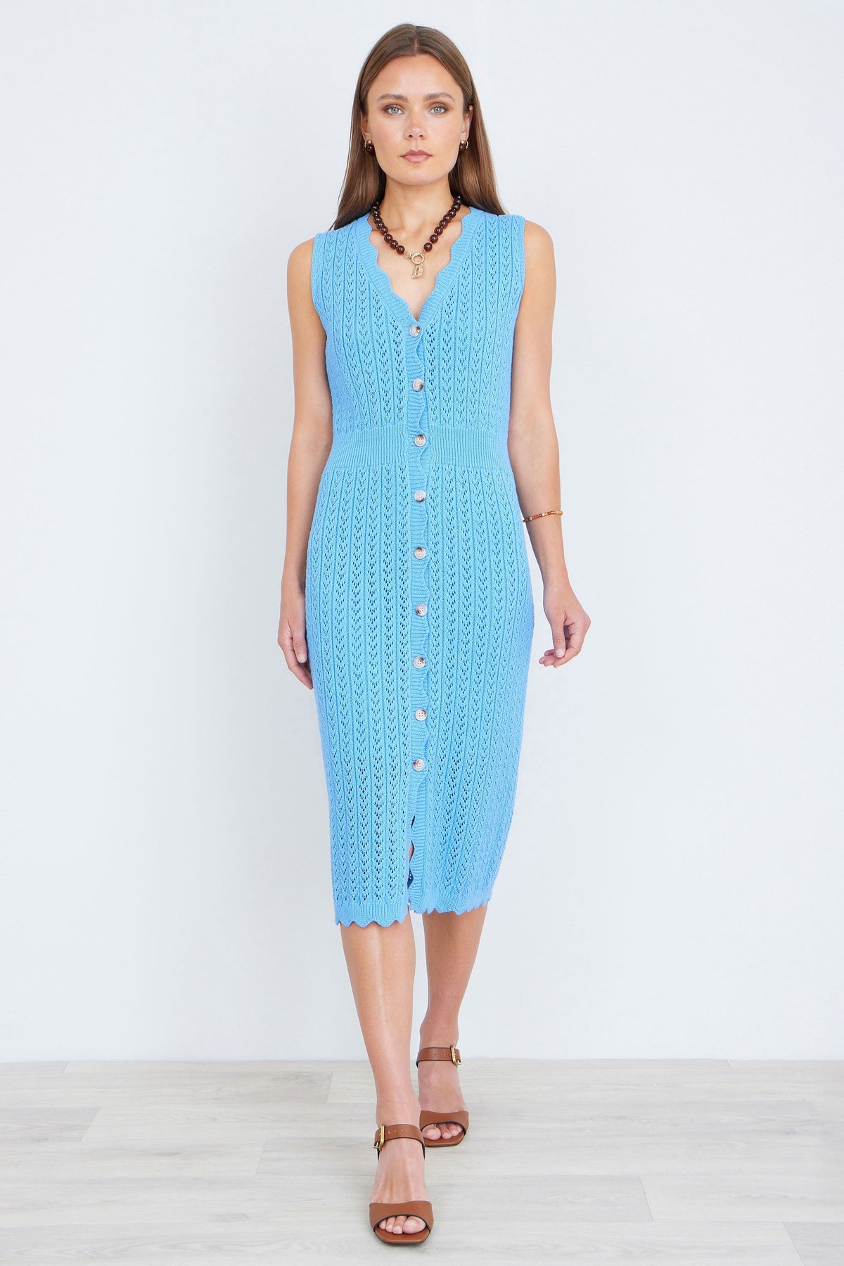 Blue Scallop Edge Crochet Knitted Midi Dress - Bascora