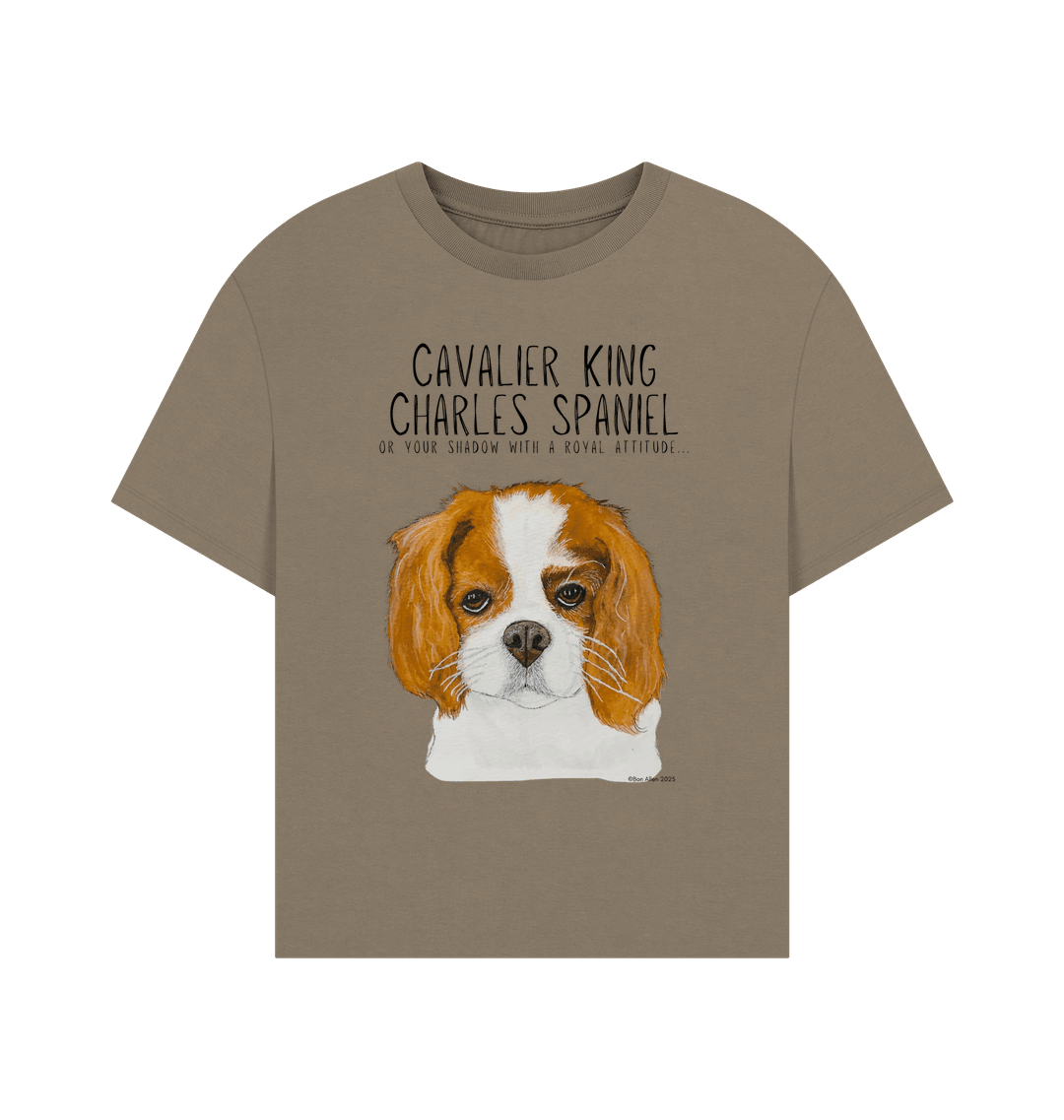 Brown t-shirt with Cavalier King Charles Spaniel illustration and text on a white background
