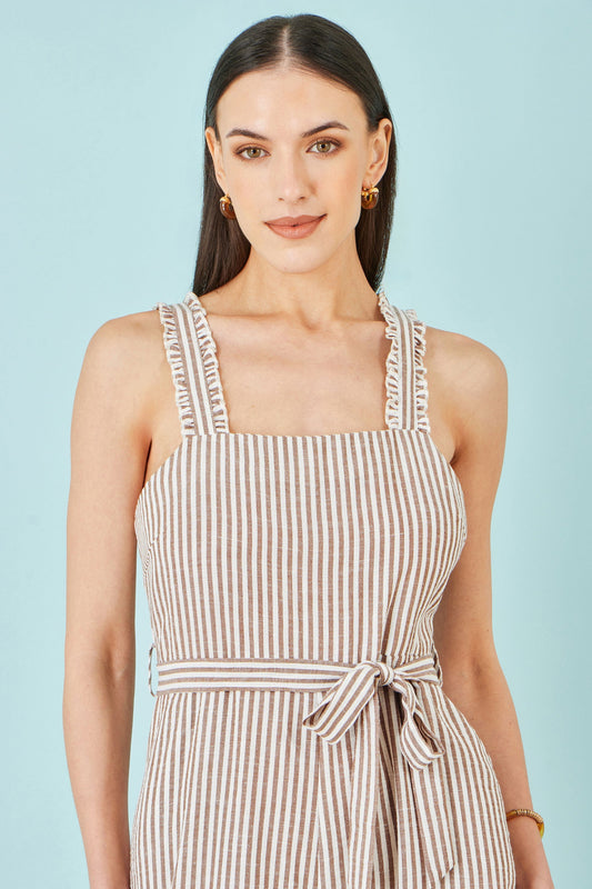 Brown Stripe Strappy Jumpsuit - Bascora