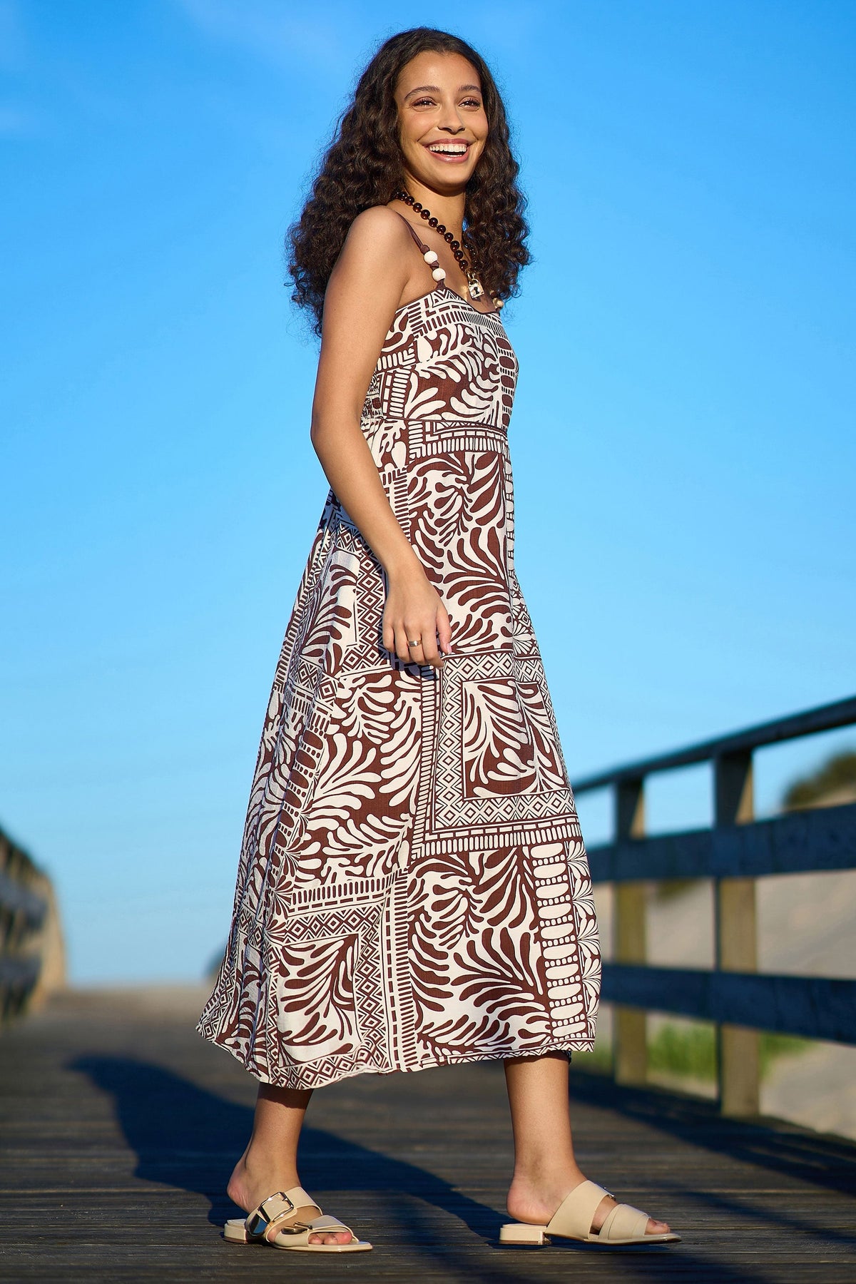 Brown Tile Print Maxi Dress With Bead Details - Bascora