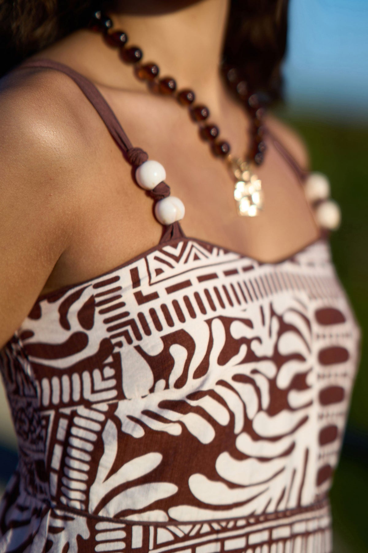 Brown Tile Print Maxi Dress With Bead Details - Bascora