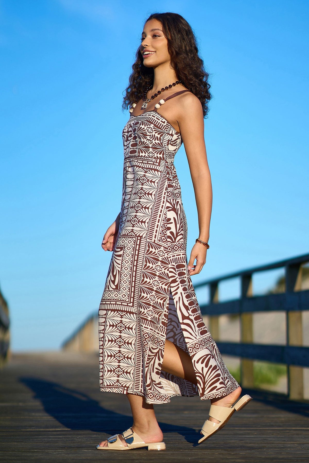 Brown Tile Print Maxi Dress With Bead Details - Bascora