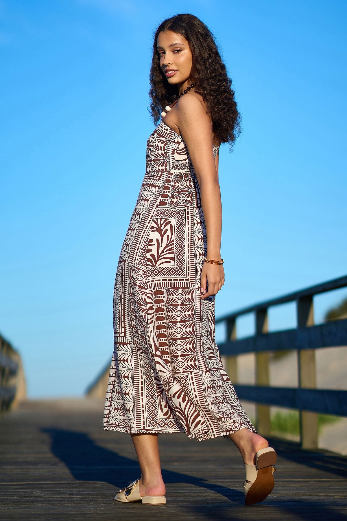 Brown Tile Print Maxi Dress With Bead Details - Bascora