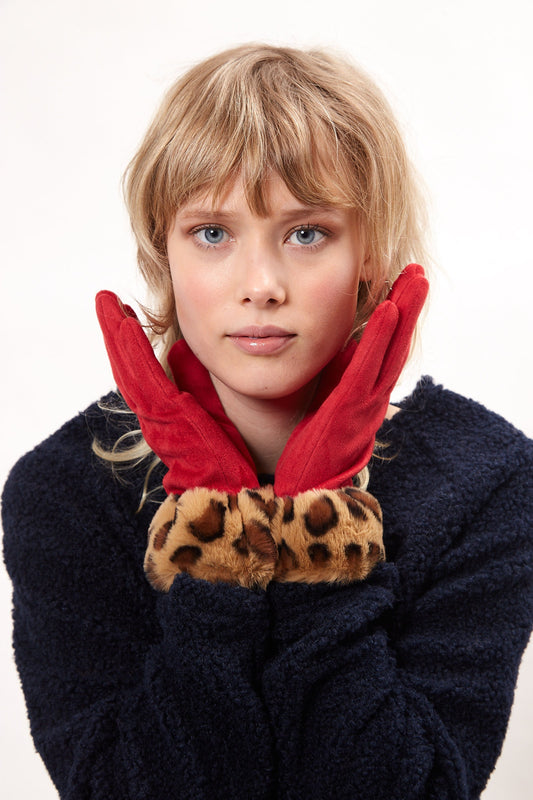 Cadhla Faux Suede Fur Cuffed Touch Screen Gloves Red