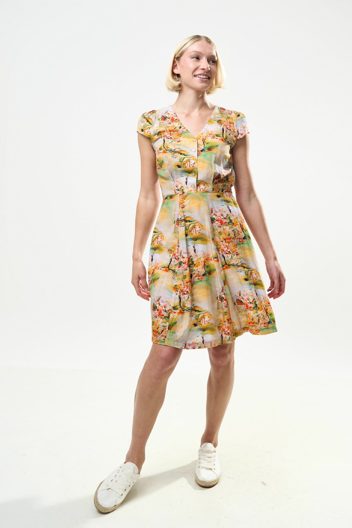 Cathleen Mini Oriental Landscape Print Tea Dress - Yellow - Bascora