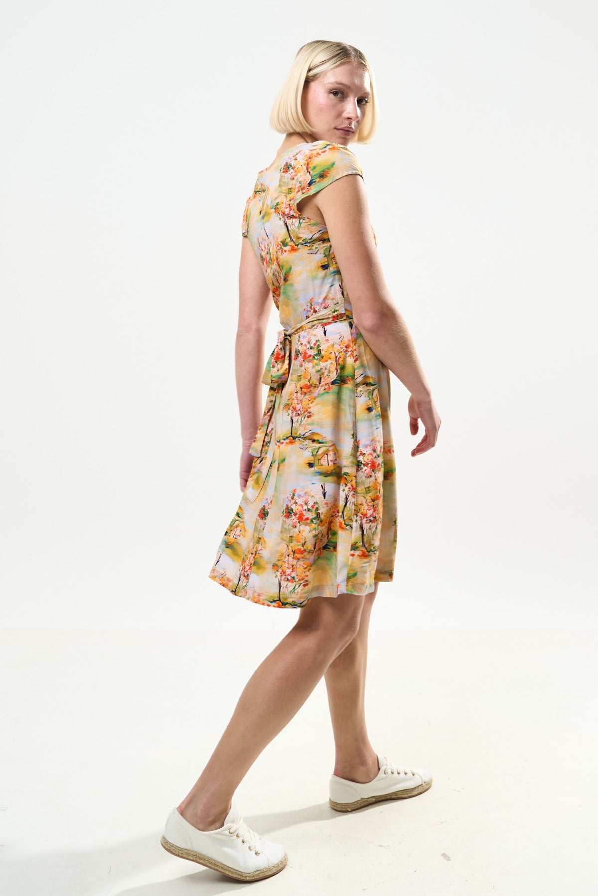 Cathleen Mini Oriental Landscape Print Tea Dress - Yellow - Bascora