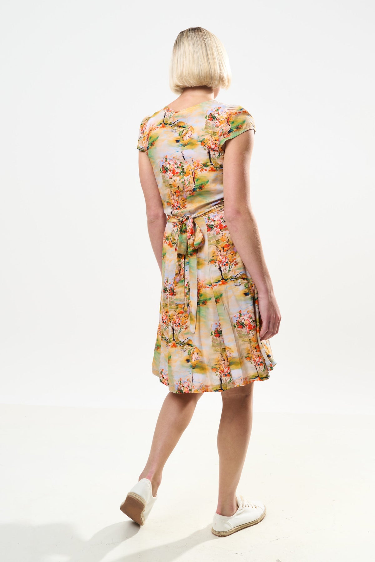 Cathleen Mini Oriental Landscape Print Tea Dress - Yellow - Bascora
