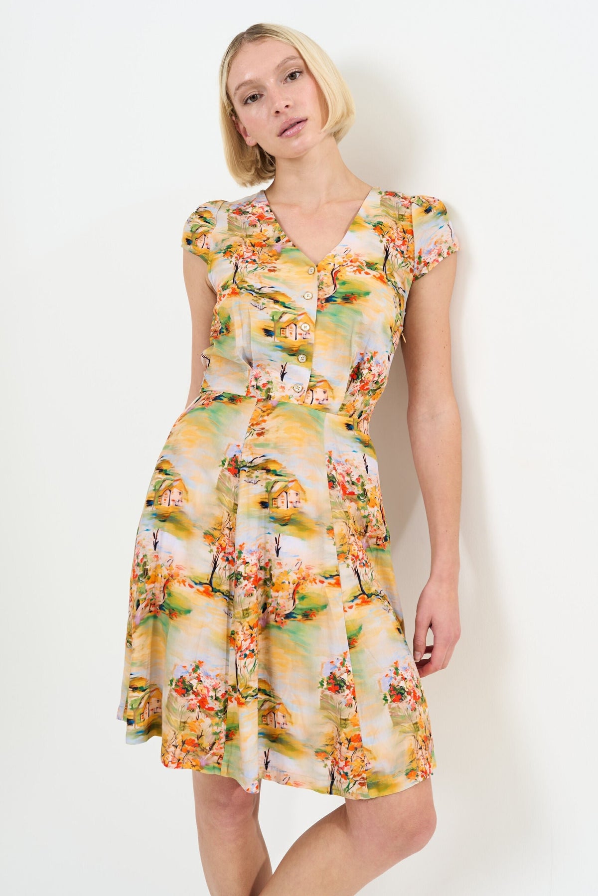 Cathleen Mini Oriental Landscape Print Tea Dress - Yellow - Bascora