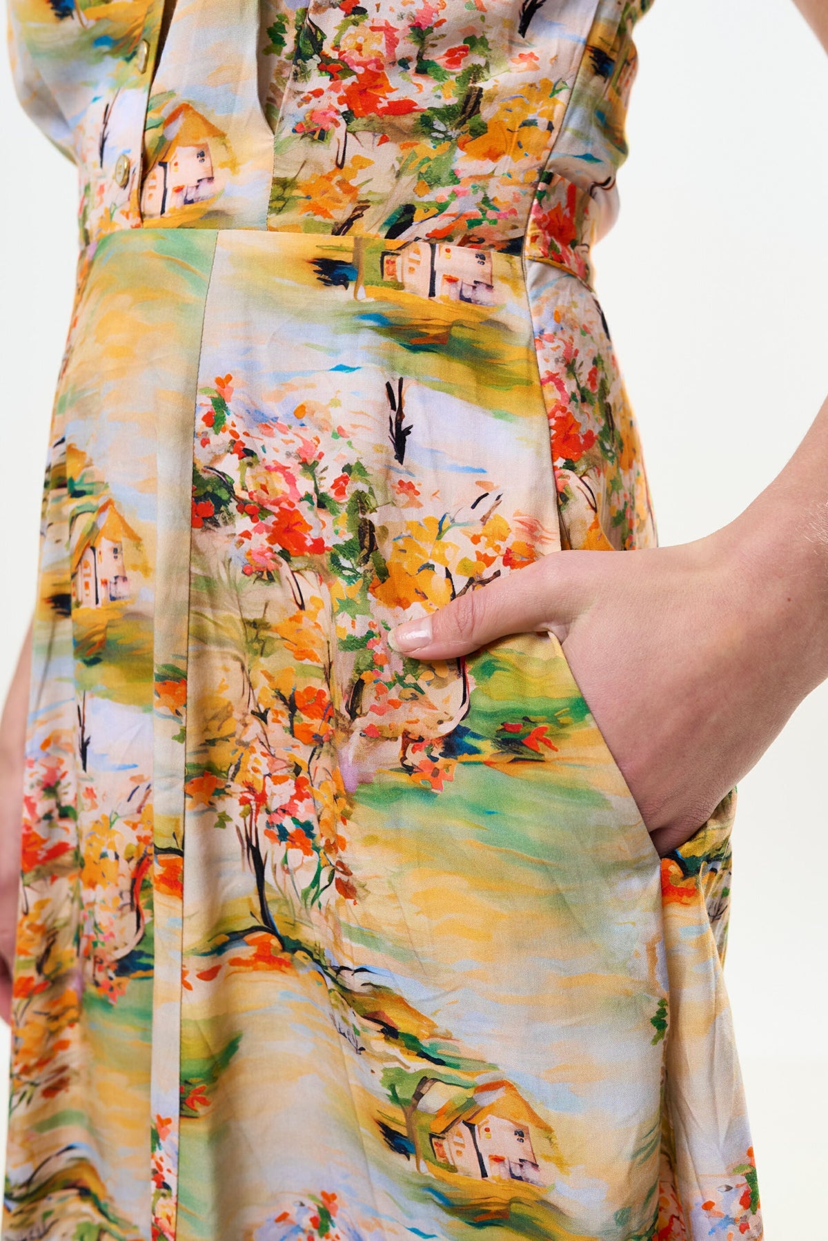 Cathleen Mini Oriental Landscape Print Tea Dress - Yellow - Bascora