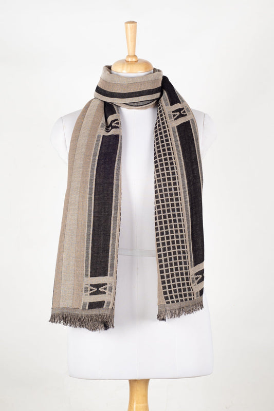 Checks & Stripes Abstract Fine Wool Jacquard Scarf – Black - Bascora