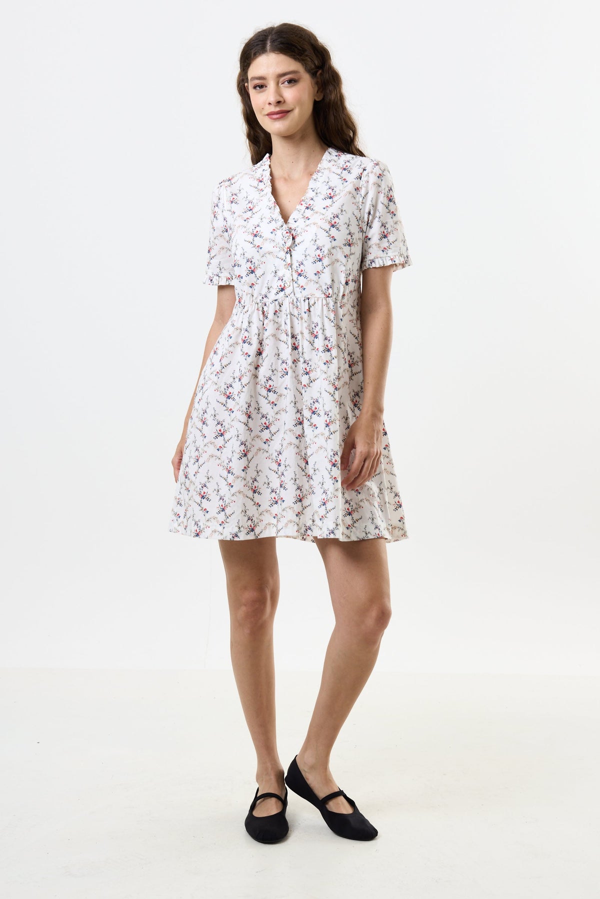 Cosima Regency Print Frill V-Neck Mini Dress - Bascora