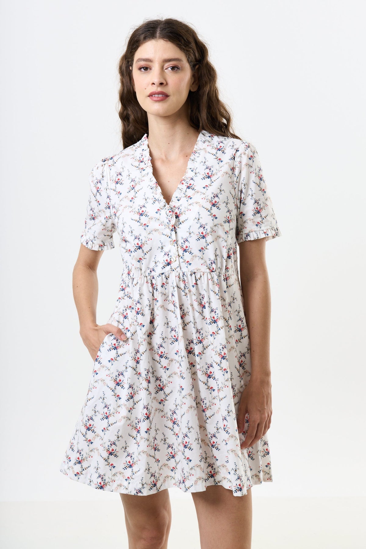Cosima Regency Print Frill V-Neck Mini Dress - Bascora