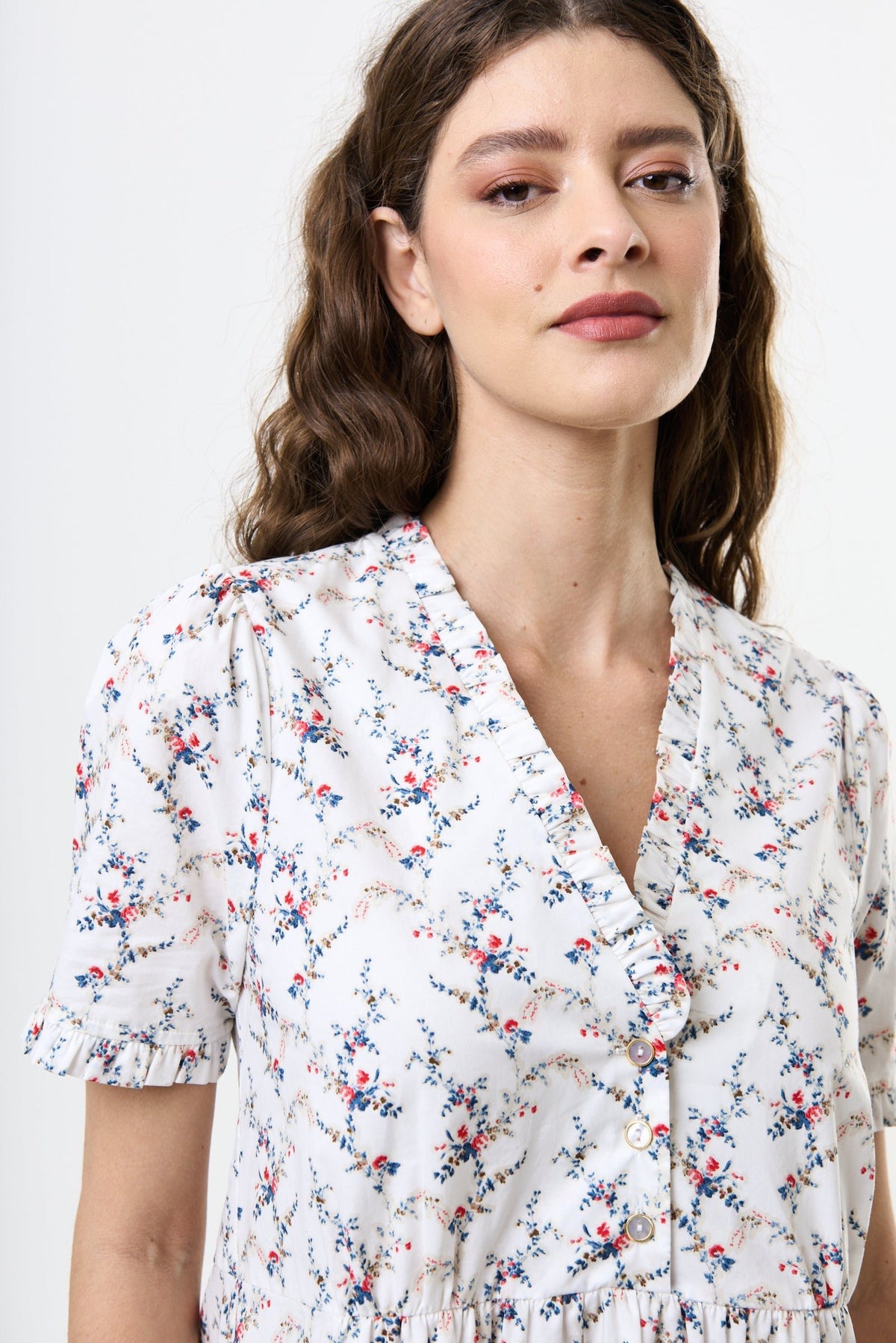 Cosima Regency Print Frill V-Neck Mini Dress - Bascora