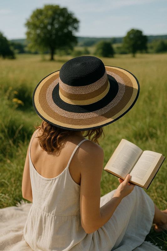 Delinda Black, Gold and Natural Striped Straw Hat - Bascora