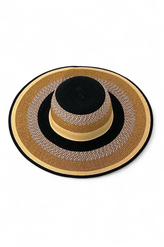 Delinda Black, Gold and Natural Striped Straw Hat - Bascora