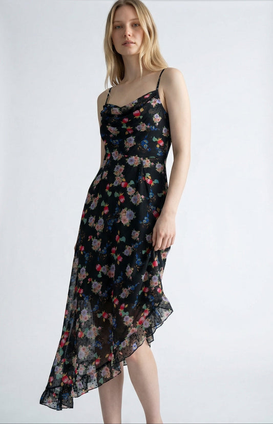 Dina Carpathian Florals Print Asymmetric Strappy Midi Dress - Bascora