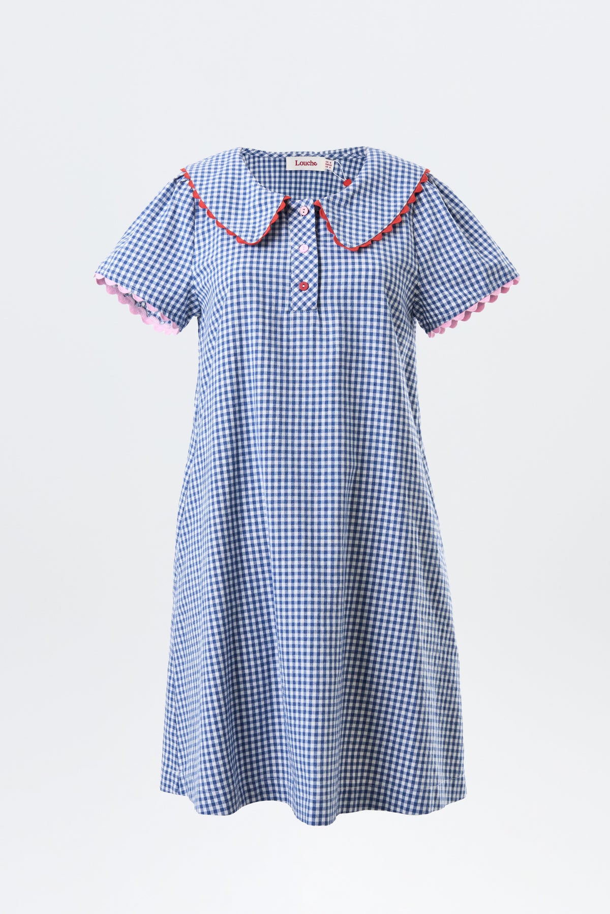 Dot Gingham Ric Rac Trim Statement Collar Mini Dress - Blue - Bascora