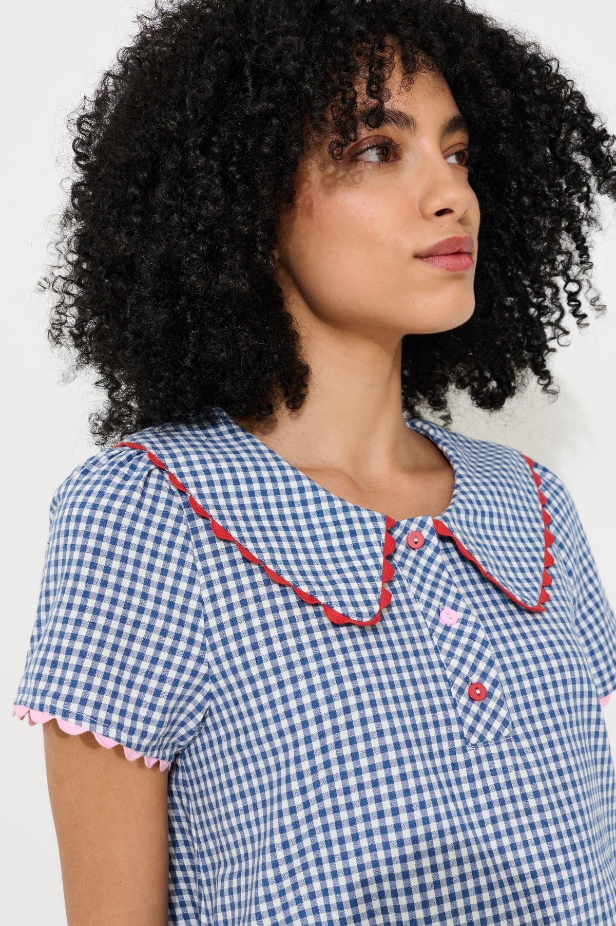 Dot Gingham Ric Rac Trim Statement Collar Mini Dress - Blue - Bascora