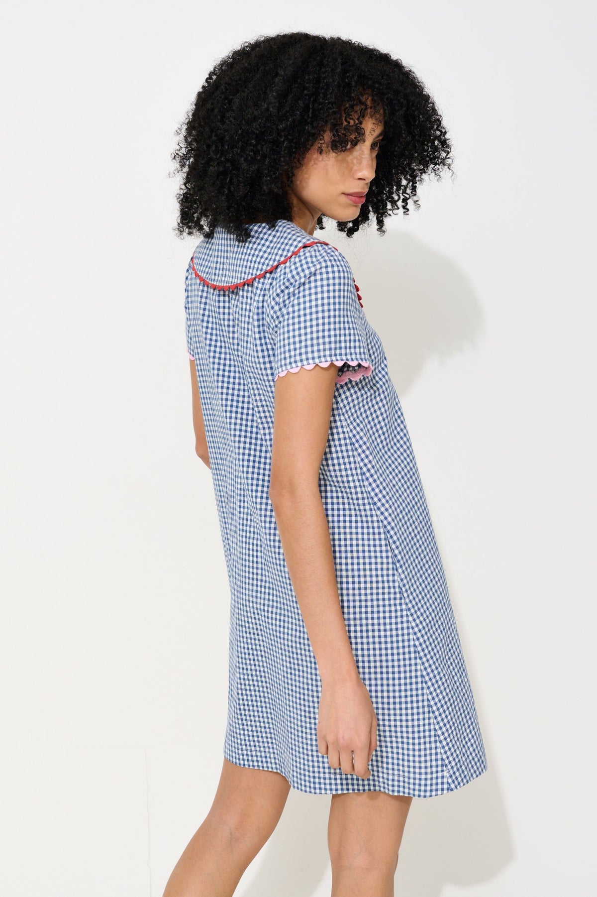 Dot Gingham Ric Rac Trim Statement Collar Mini Dress - Blue - Bascora