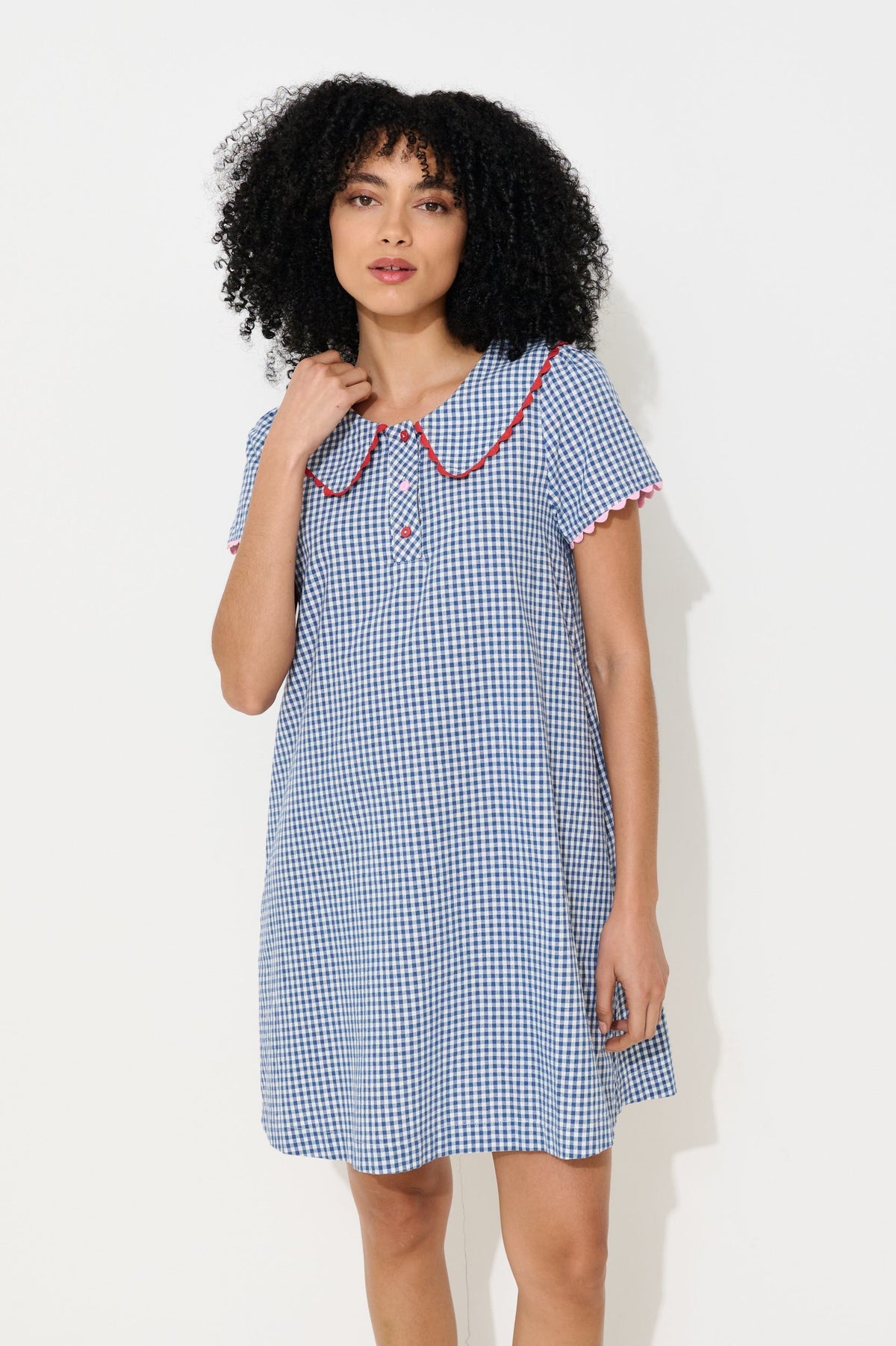 Dot Gingham Ric Rac Trim Statement Collar Mini Dress - Blue - Bascora
