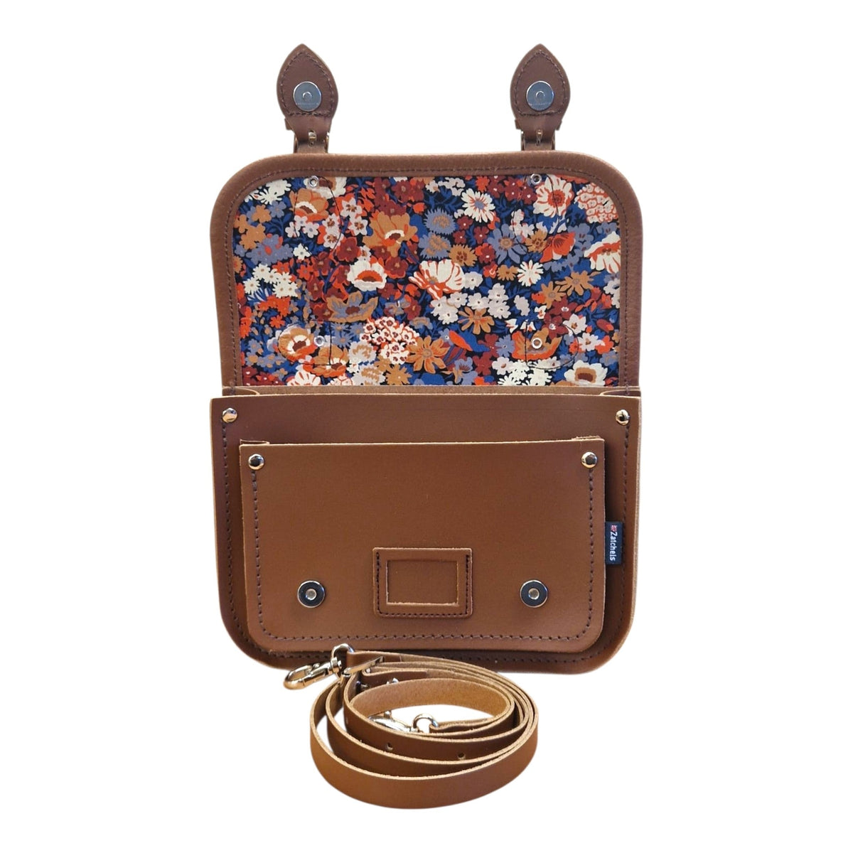 Floral Lined Leather Midi Satchel - Chestnut - Bascora