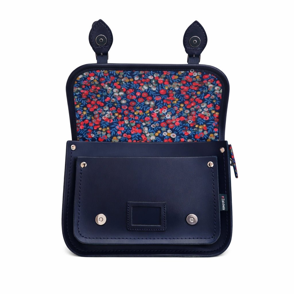 Floral Lined Leather Midi Satchel - Navy - Bascora