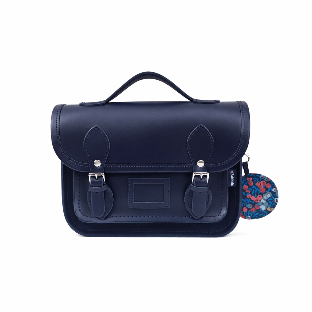 Floral Lined Leather Midi Satchel - Navy - Bascora