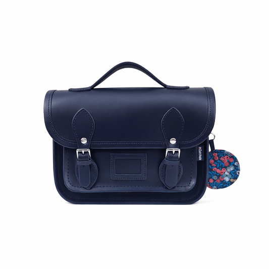 Floral Lined Leather Midi Satchel - Navy - Bascora