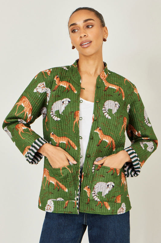 Green Fox Print Reversible Cotton Quilted Jacket - Bascora