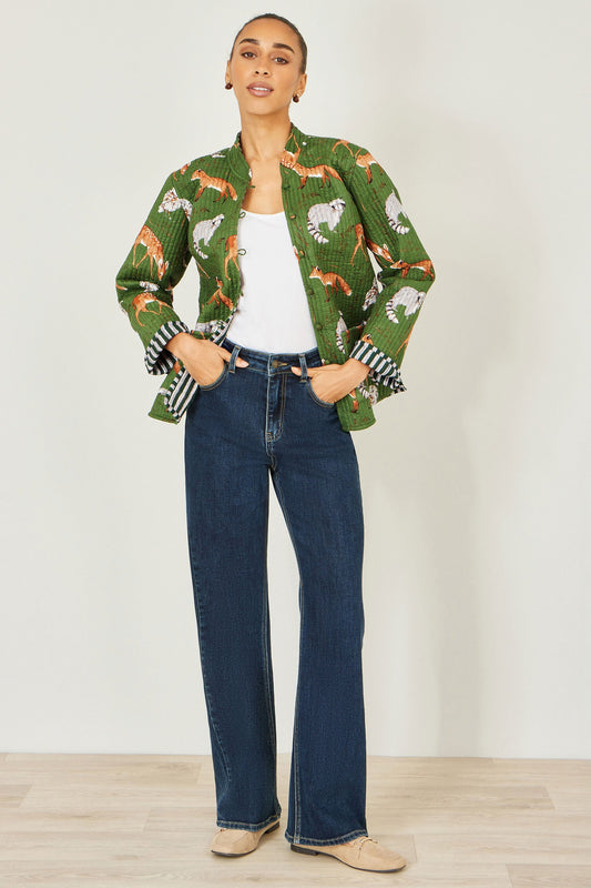 Green Fox Print Reversible Cotton Quilted Jacket - Bascora