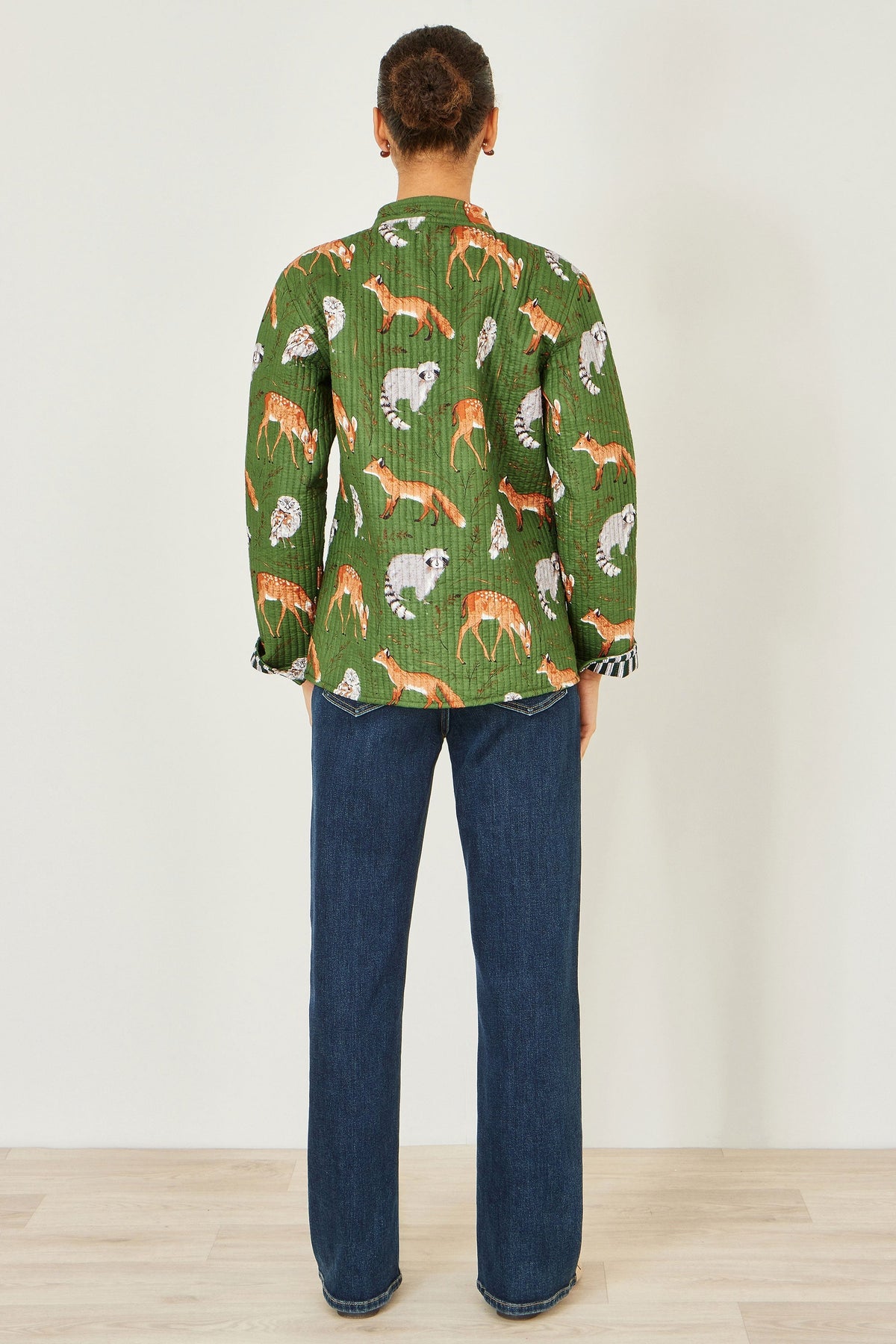 Green Fox Print Reversible Cotton Quilted Jacket - Bascora