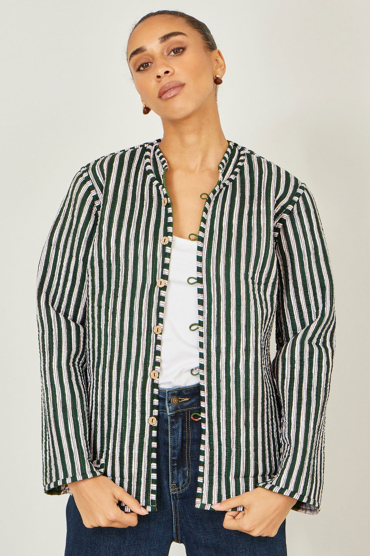 Green Fox Print Reversible Cotton Quilted Jacket - Bascora
