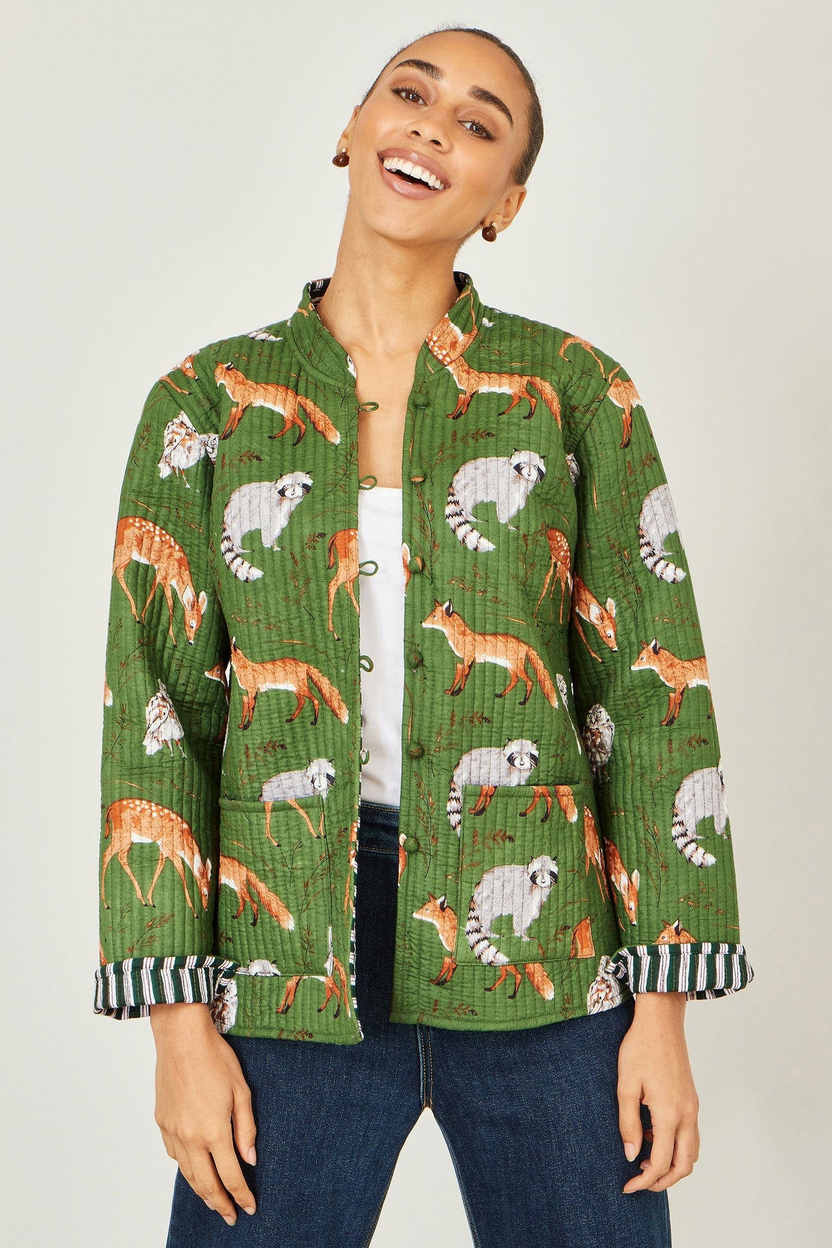 Green Fox Print Reversible Cotton Quilted Jacket - Bascora