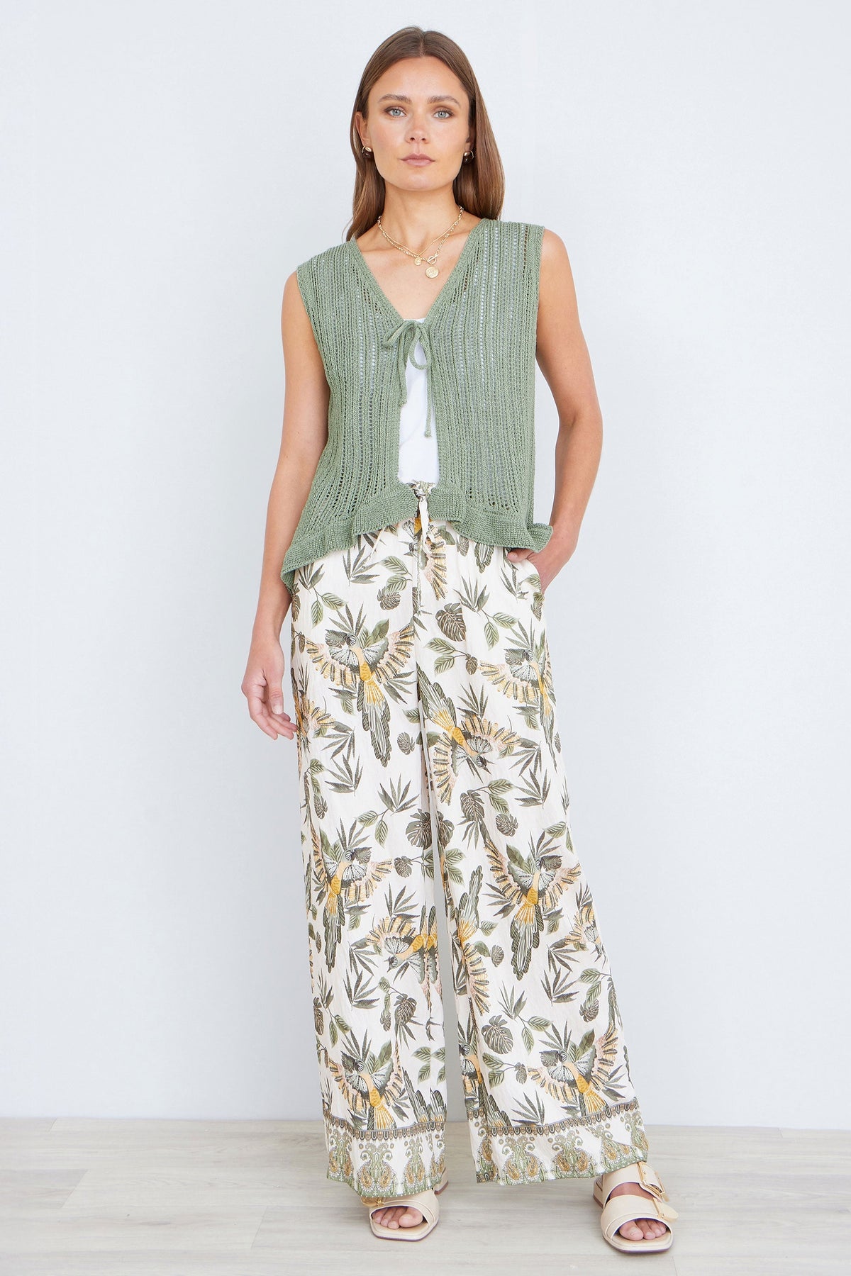 Green Knitted Cotton Tie Waistcoat Top - Bascora