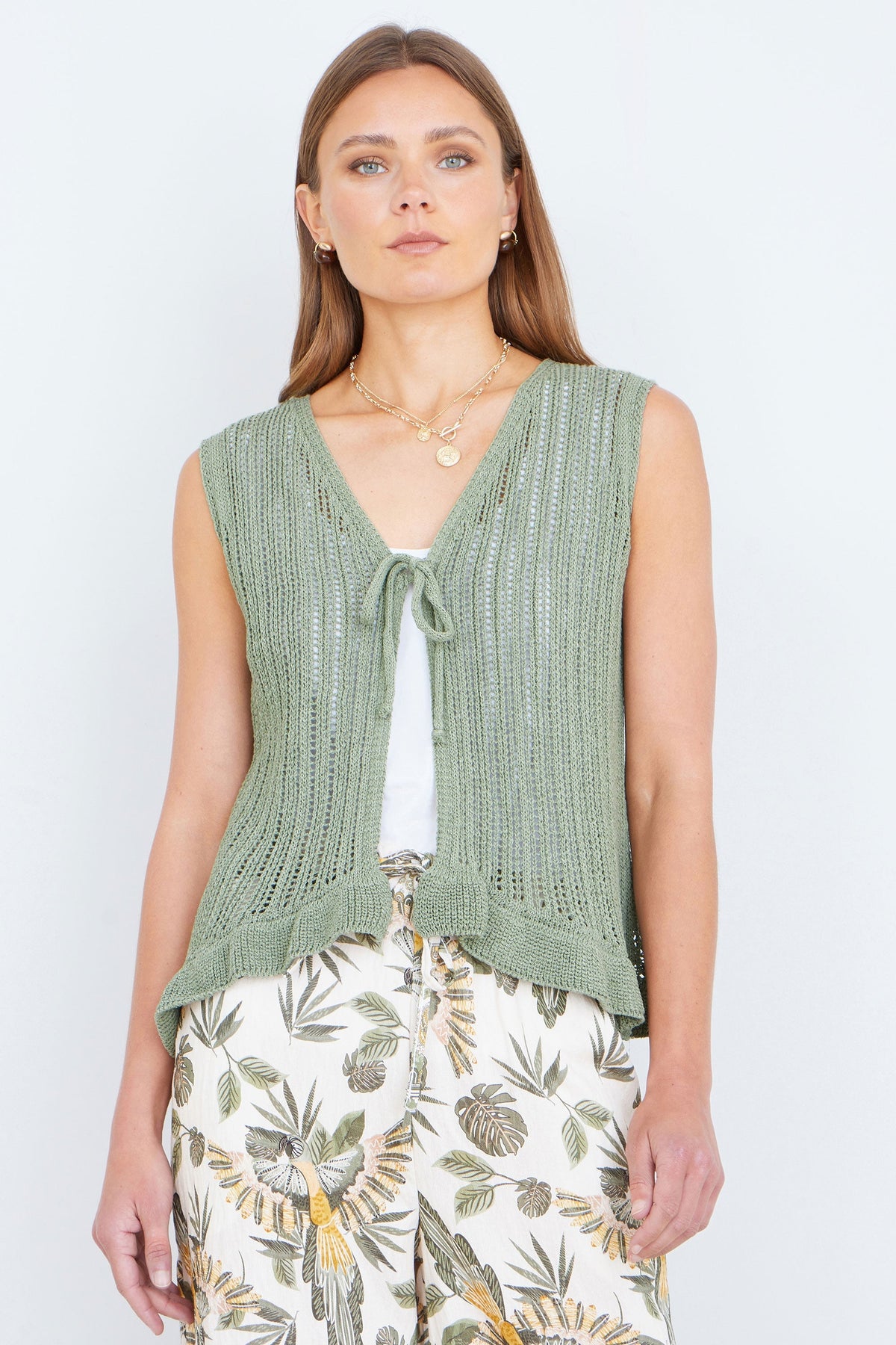 Green Knitted Cotton Tie Waistcoat Top - Bascora