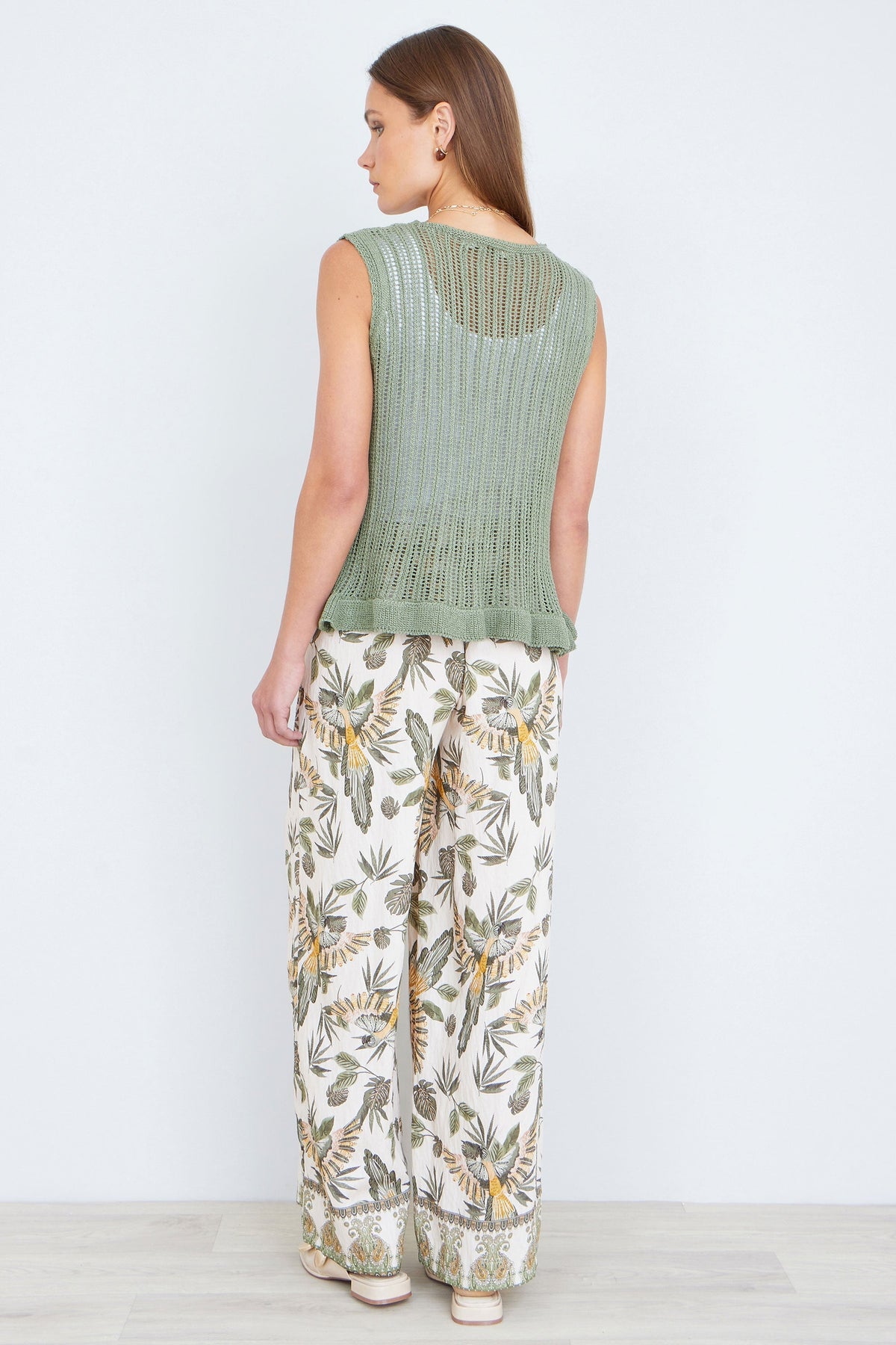 Green Knitted Cotton Tie Waistcoat Top - Bascora