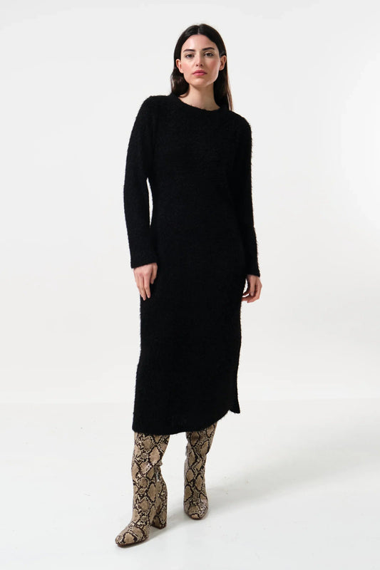 Guila Eyelash Rib Long Sleeve Midi Dress – Black - Bascora