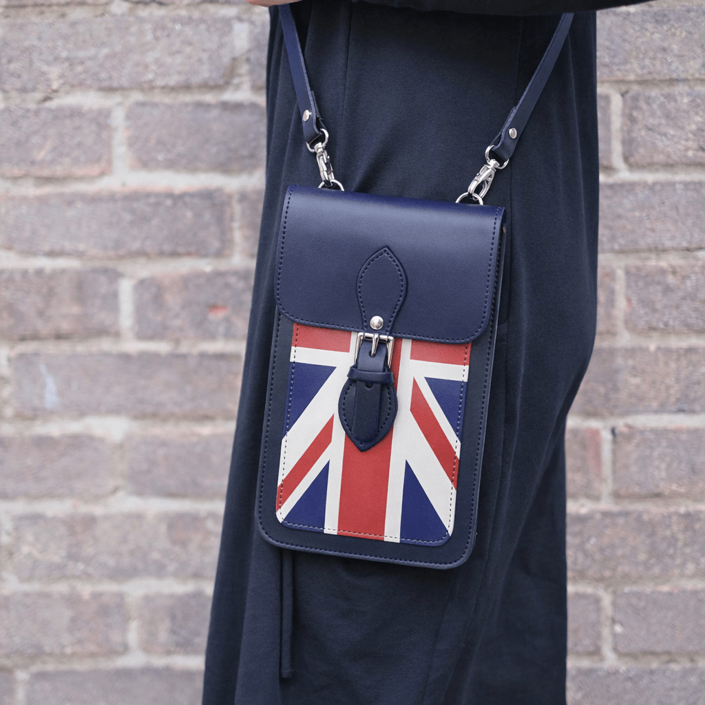 Handmade Leather Mobile Phone Pouch Plus - Union Jack - Navy Blue - Bascora