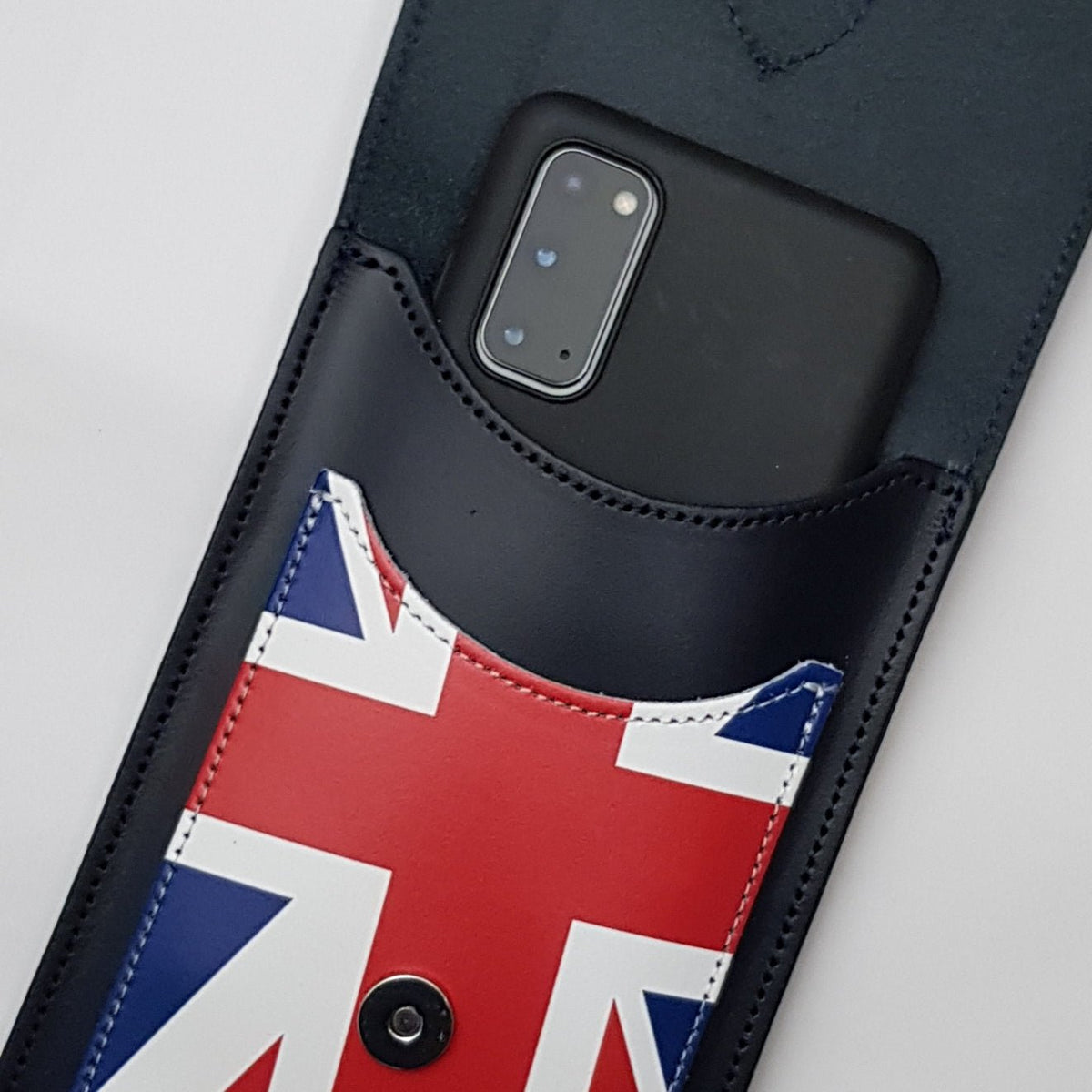 Handmade Leather Mobile Phone Pouch Plus - Union Jack - Navy Blue - Bascora