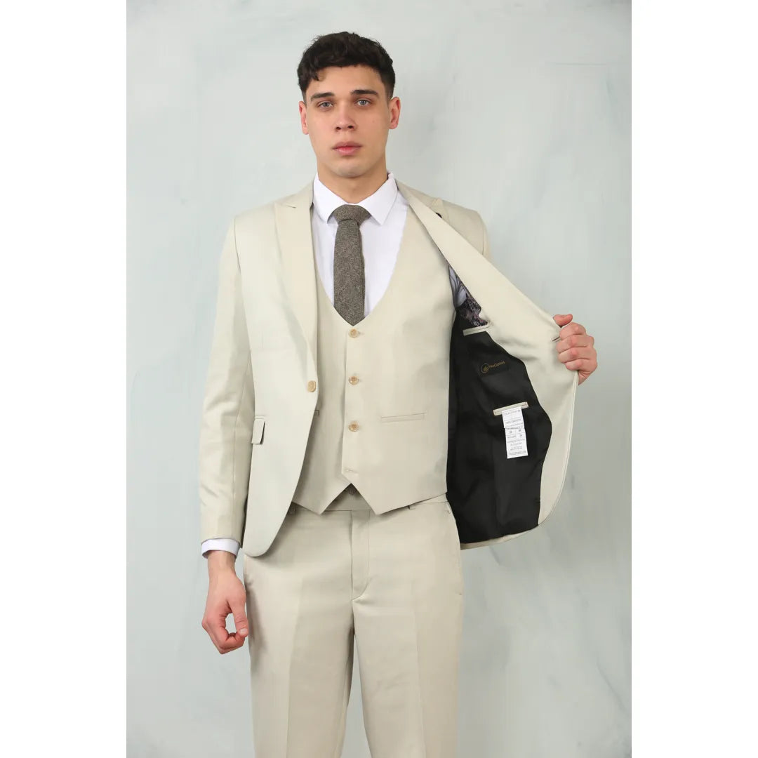 Men's Cream Tailored Fit Wedding 3 Piece Suit